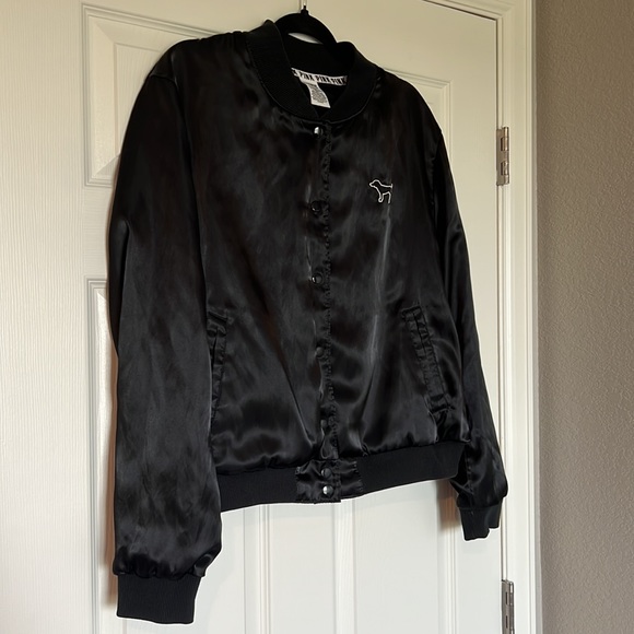 Victoria’s Secret PINK Satin Black Bomber Jacket Button Down Large - Picture 5 of 11